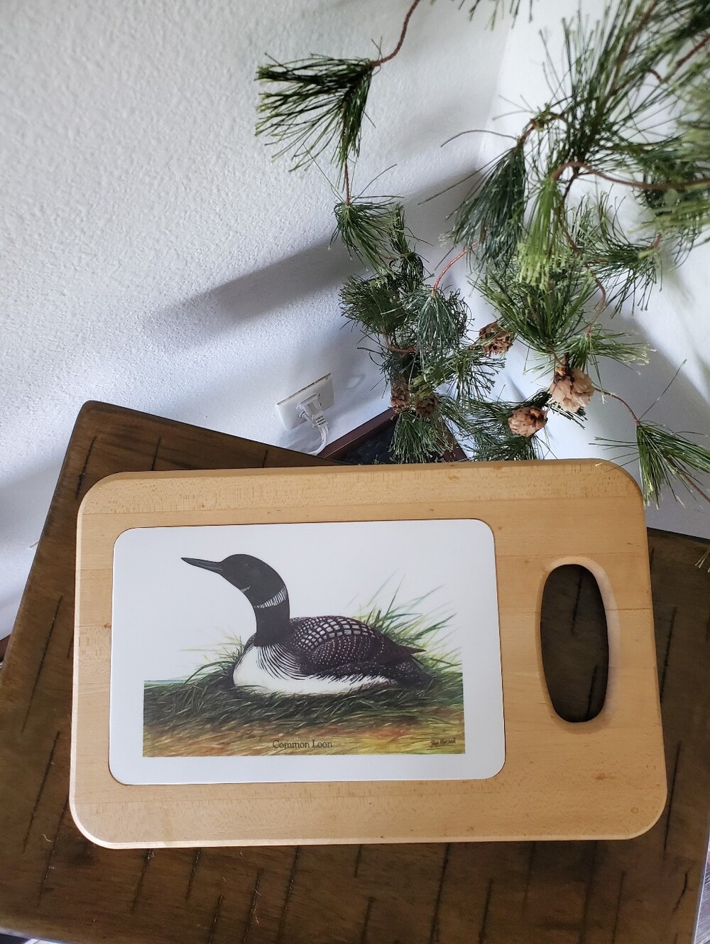 Vintage John Marshall Common Loon Wood Ceramic Tile Cutting Board Trivet Cabin - Picture 1 of 9